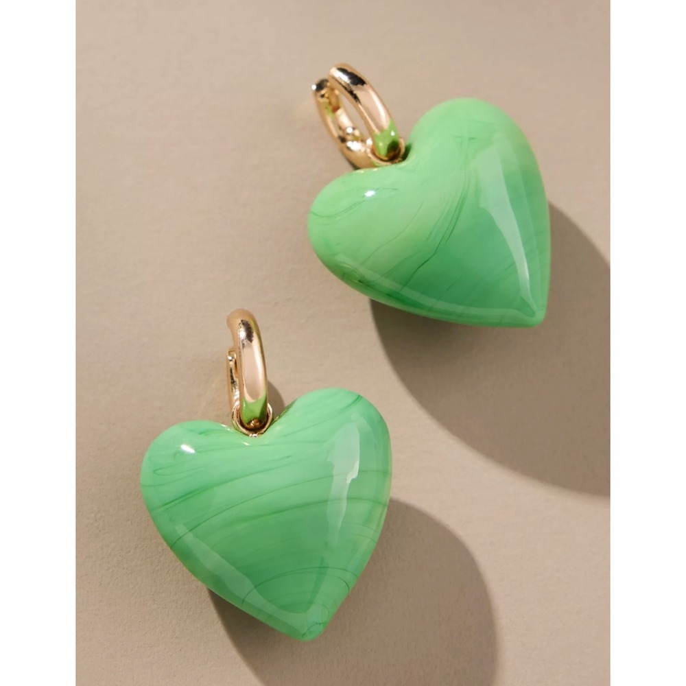Anthropologie Green Marbled Resin Heart Drop Hoop Earrings Gold Tone New